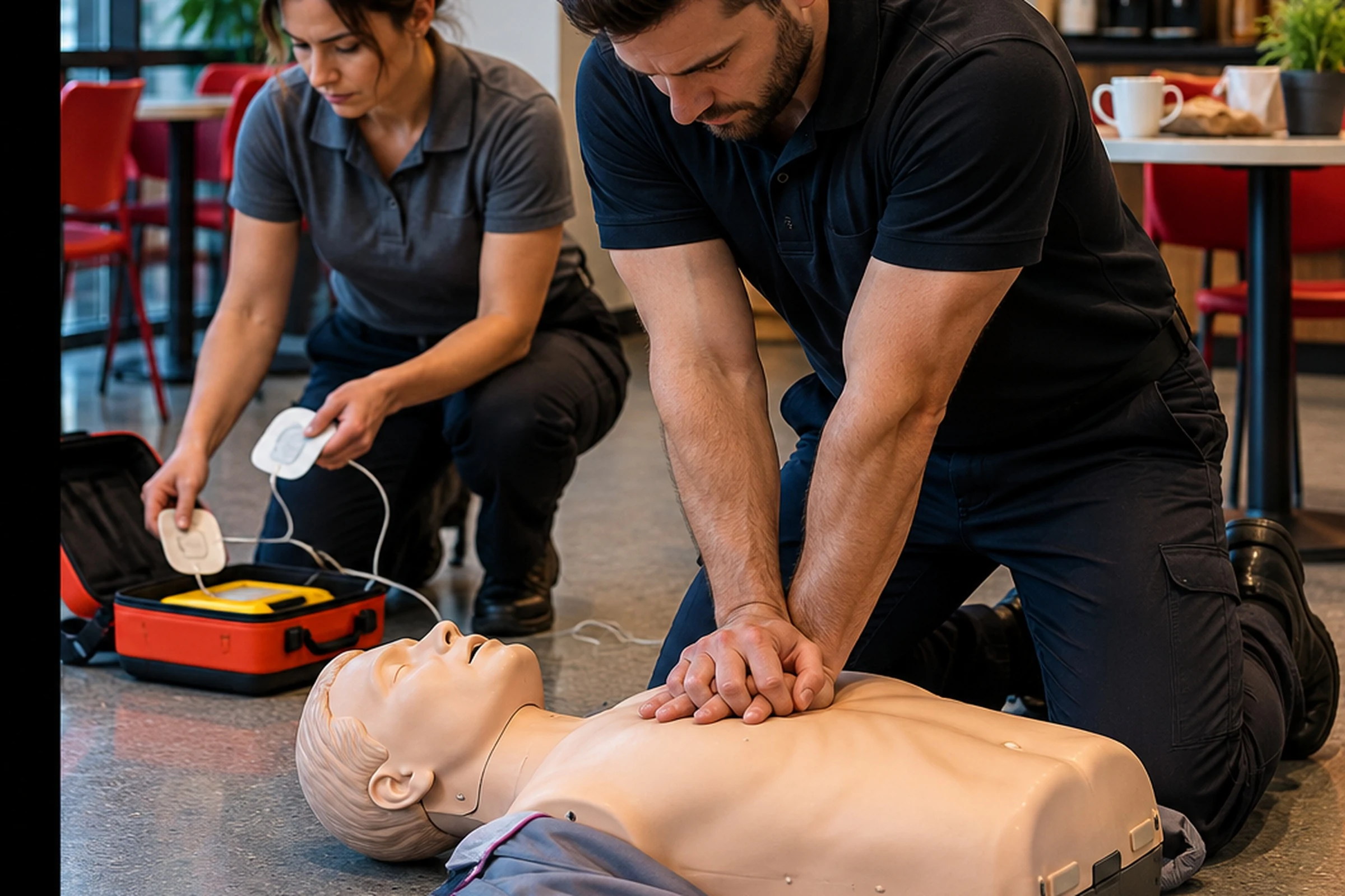Rescuers practicing CPR and AED response after a choking emergency becomes cardiac arrest.