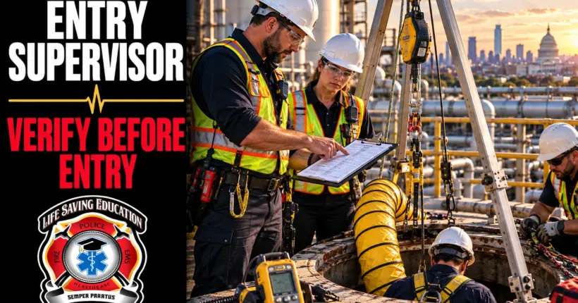 Confined space entry supervisor verifying an entry permit, atmospheric monitoring, ventilation, retrieval equipment, and worker readiness before permit-required confined space entry.