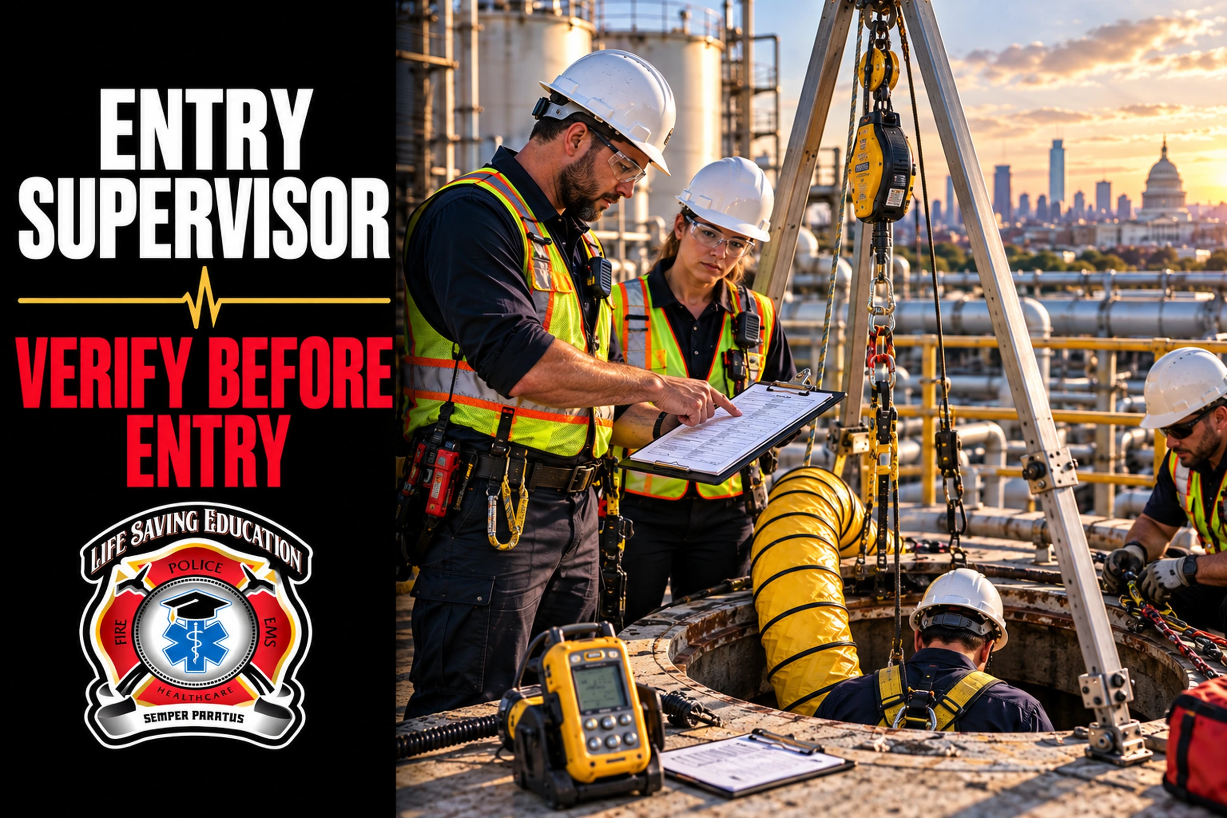 Confined space entry supervisor verifying an entry permit, atmospheric monitoring, ventilation, retrieval equipment, and worker readiness before permit-required confined space entry.