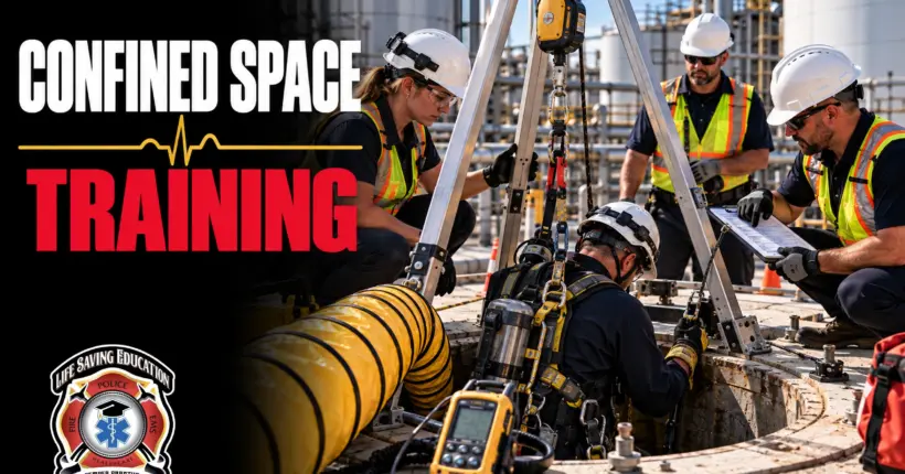 Workers completing hands-on confined space training with atmospheric monitoring, ventilation and retrieval equipment at an industrial facility.
