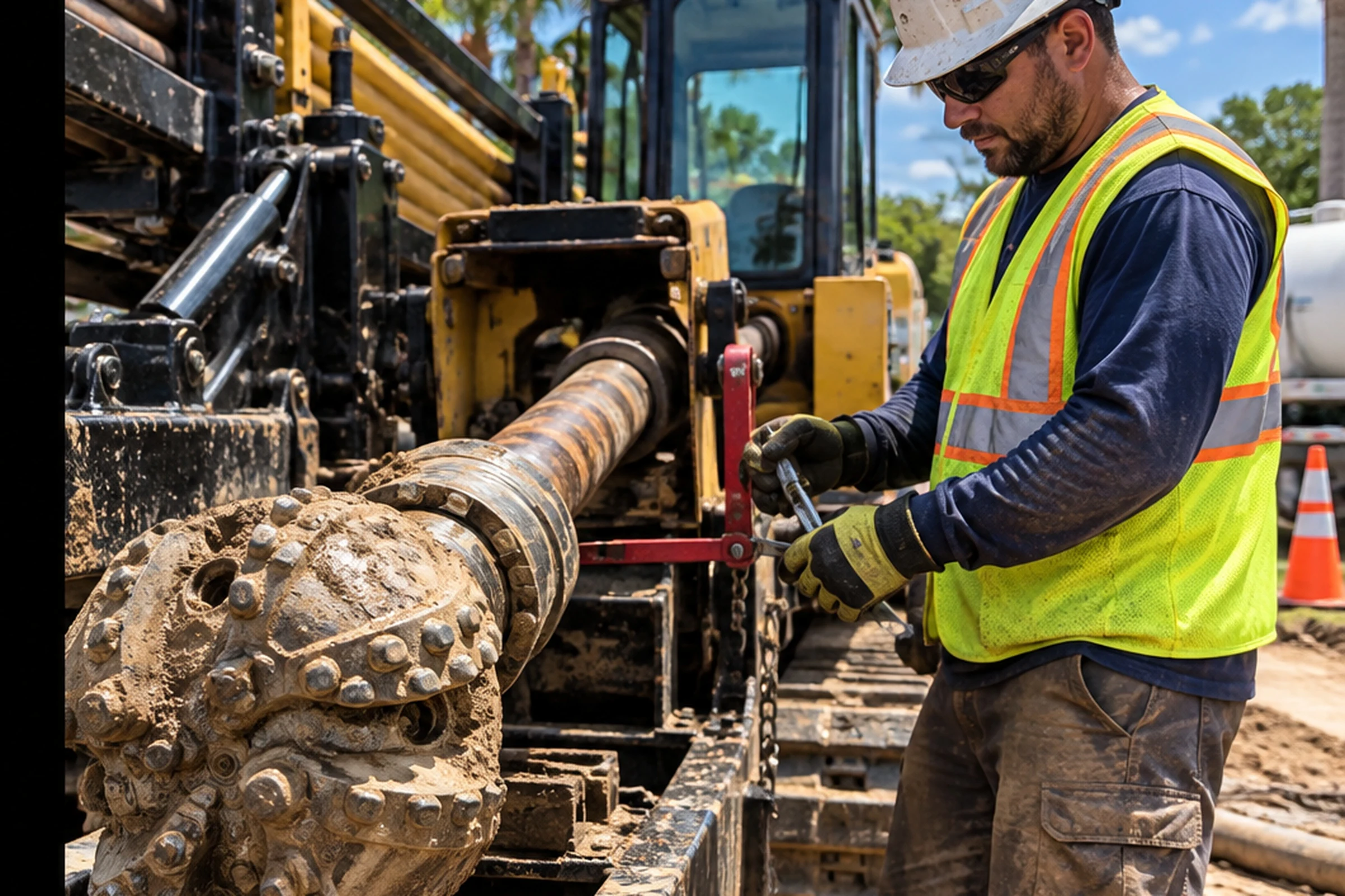 Worker inspecting a horizontal directional drill and bit at a construction site.