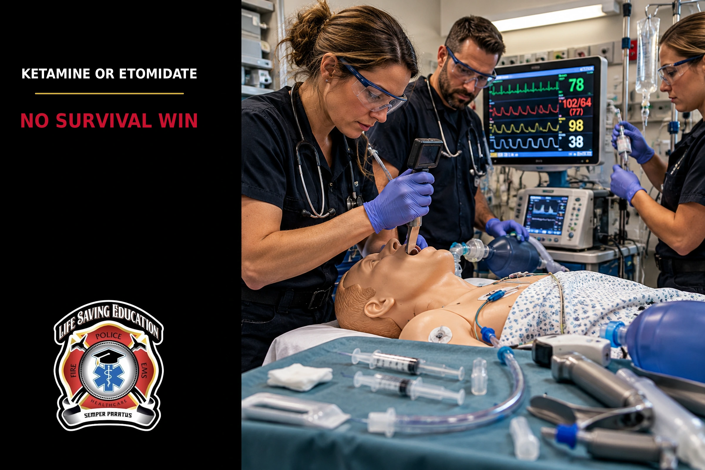 Emergency airway team preparing for rapid-sequence intubation while monitoring hemodynamics and airway equipment.