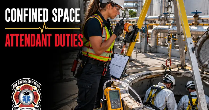Confined space attendant monitoring a permit-required space entry with atmospheric monitoring and retrieval equipment.