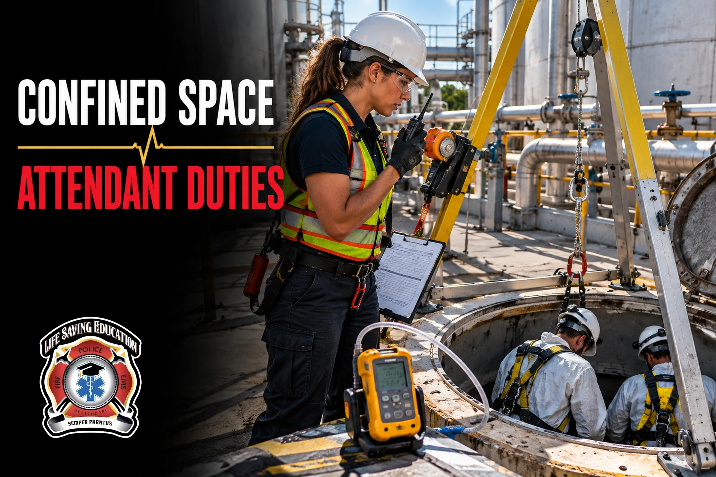 Confined space attendant monitoring a permit-required space entry with atmospheric monitoring and retrieval equipment.