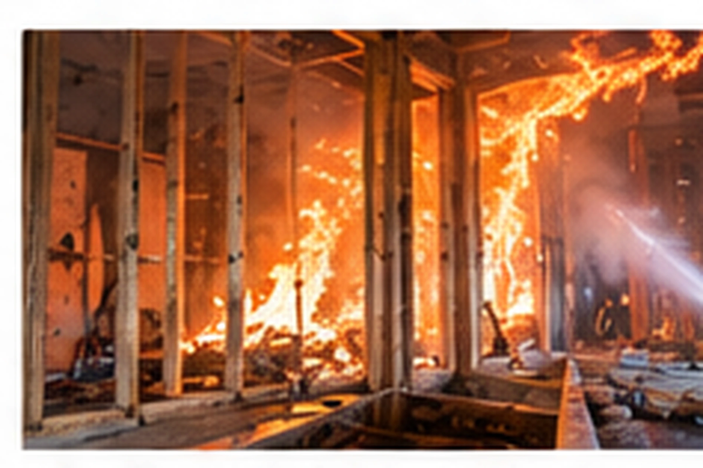 Firefighter operating inside an unfinished construction area during a construction fire response