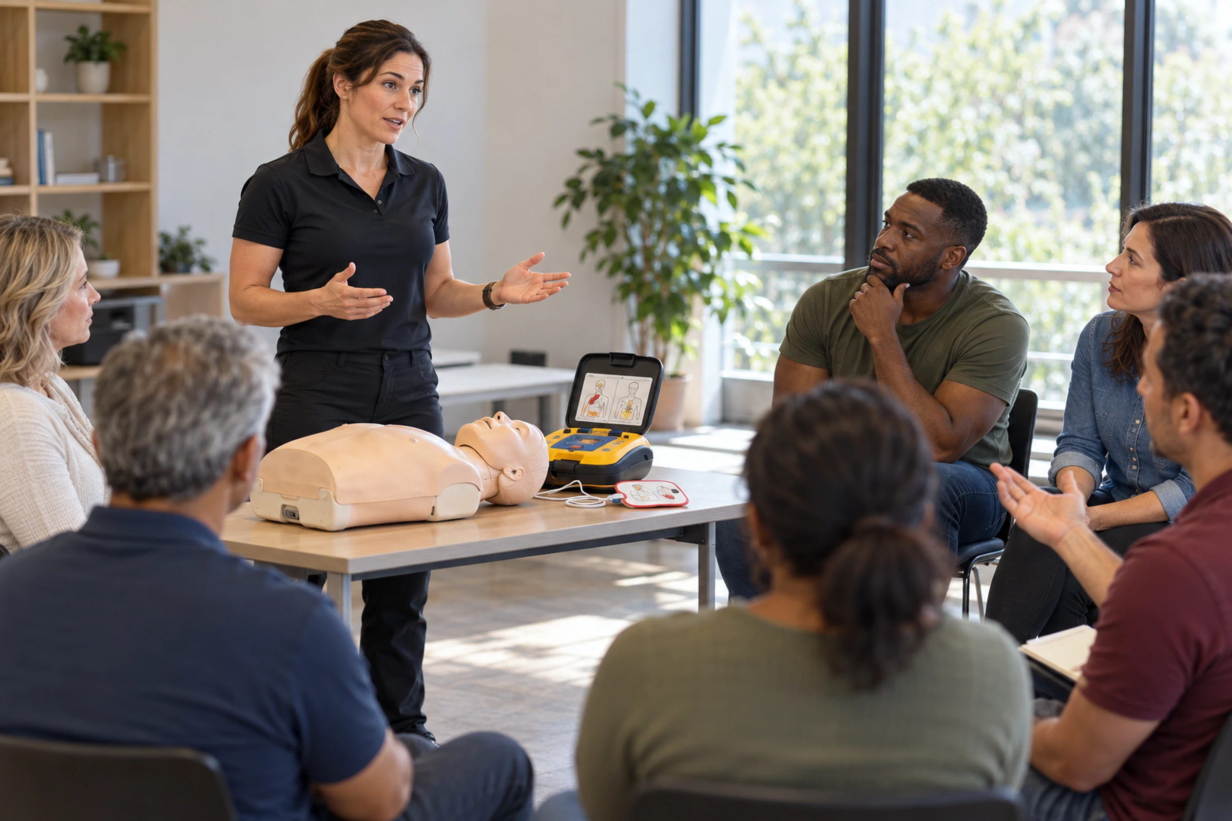 Instructor-led CPR classroom discussion with a manikin and AED trainer.
