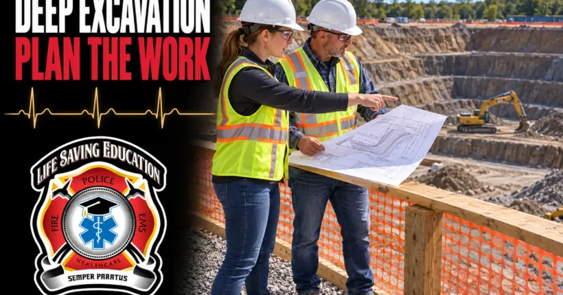 AI-generated illustration of safety professionals reviewing excavation plans; not the Monroe incident site.