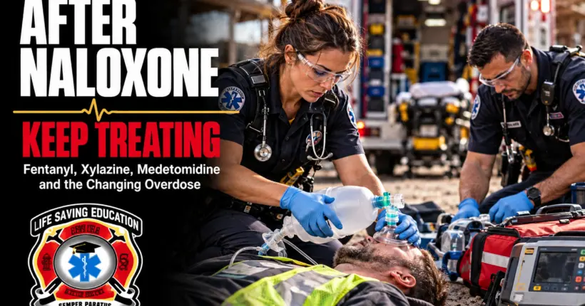 EMS responders ventilating a patient with a bag-valve mask sealed over the nose and mouth during overdose response