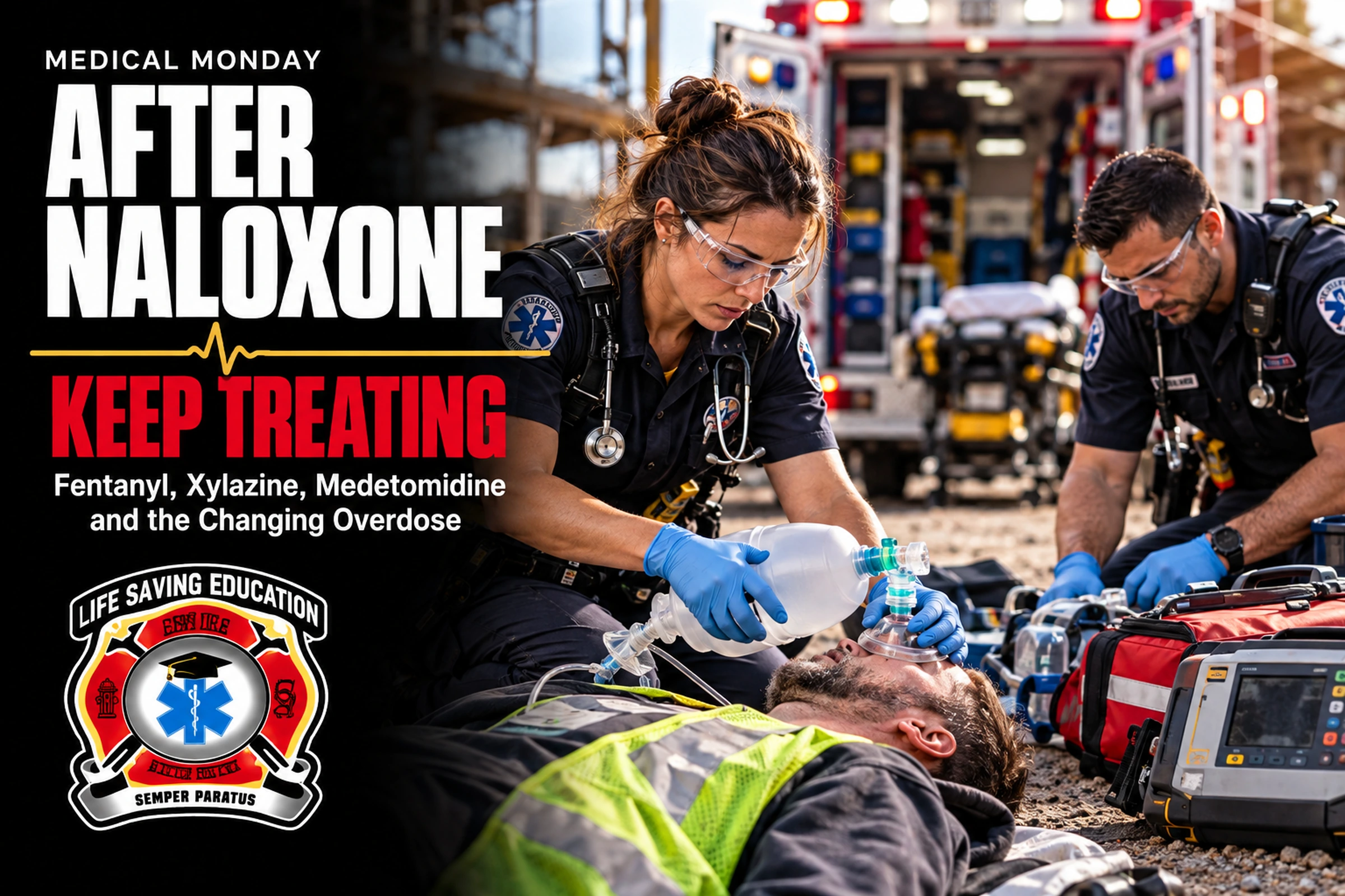 EMS responders ventilating a patient with a bag-valve mask sealed over the nose and mouth during overdose response
