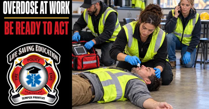 Workplace emergency response team assisting an unresponsive worker during an opioid overdose training scenario