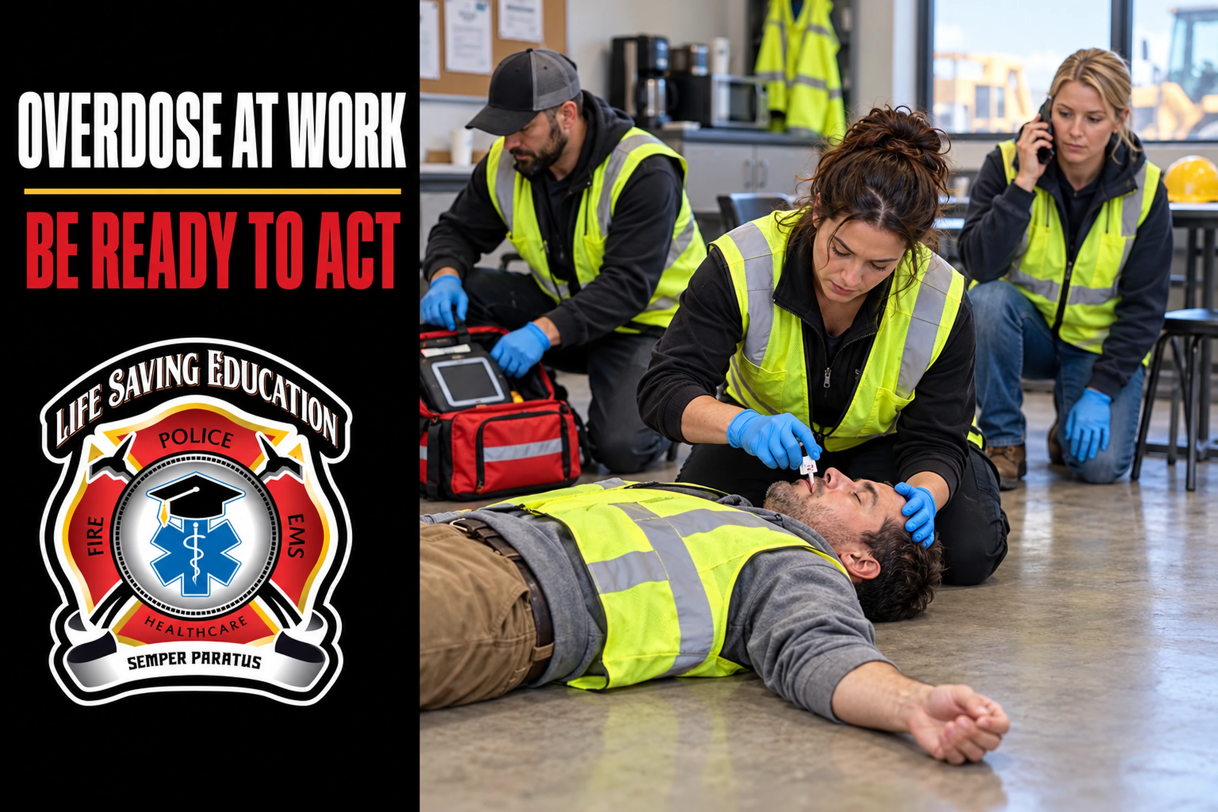 Workplace emergency response team assisting an unresponsive worker during an opioid overdose training scenario