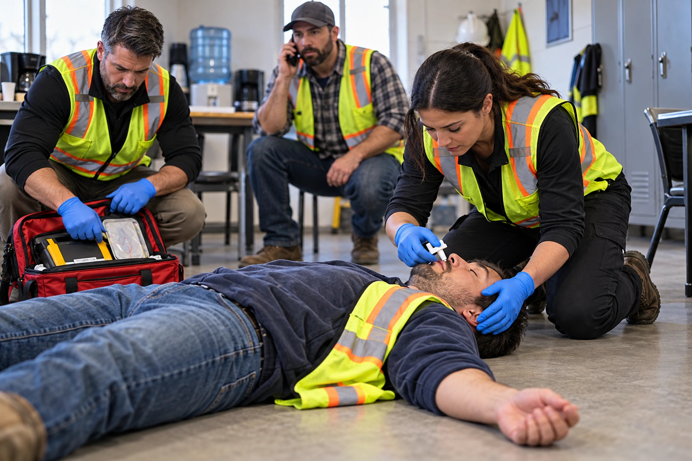 Workplace responders preparing an AED and naloxone training device while assisting an unresponsive worker