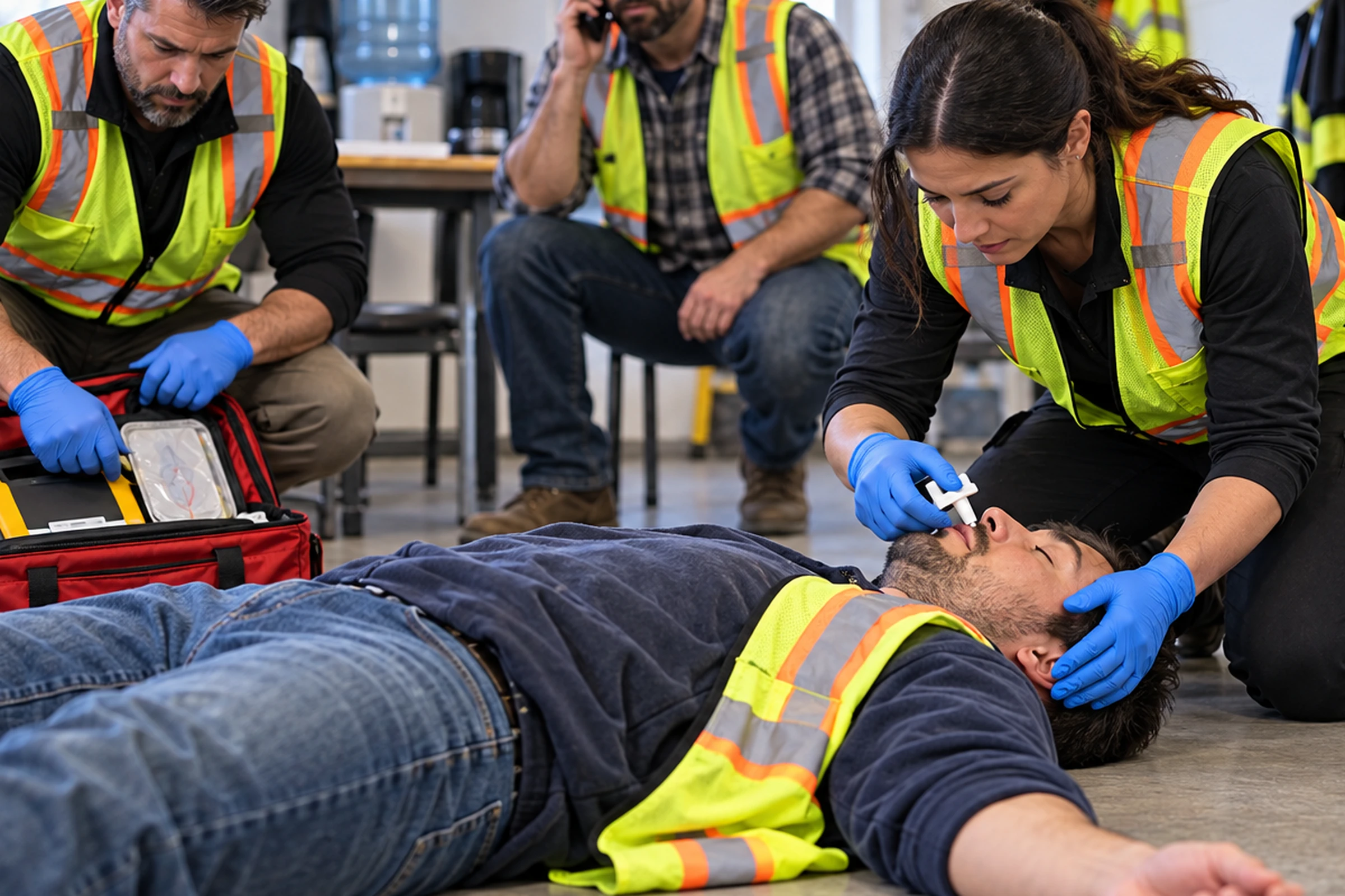 Close view of workplace responders assessing an unresponsive worker and preparing emergency response equipment
