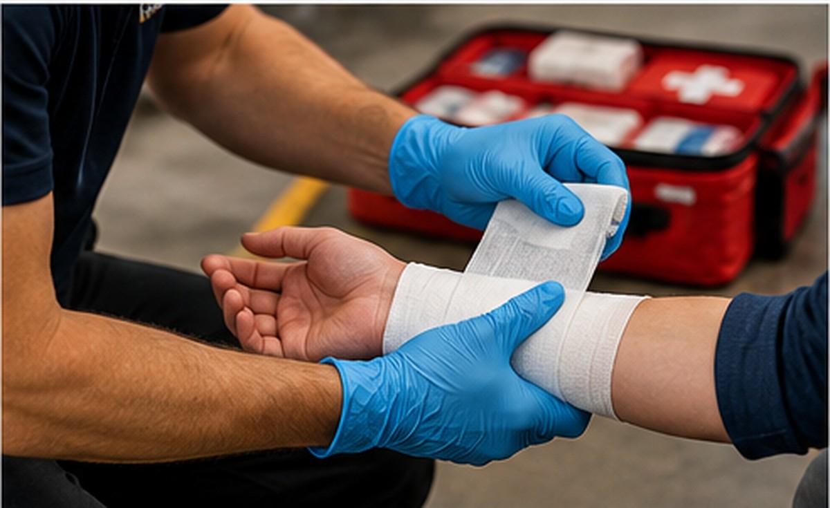 Instructor demonstrating wound bandaging during hands-on workplace first aid training.