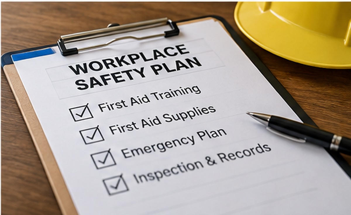 Workplace emergency action plan checklist beside first aid equipment and safety gear.