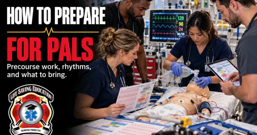 Healthcare professionals prepare for PALS with pediatric resuscitation simulation, rhythm review, airway equipment, and course reference materials.