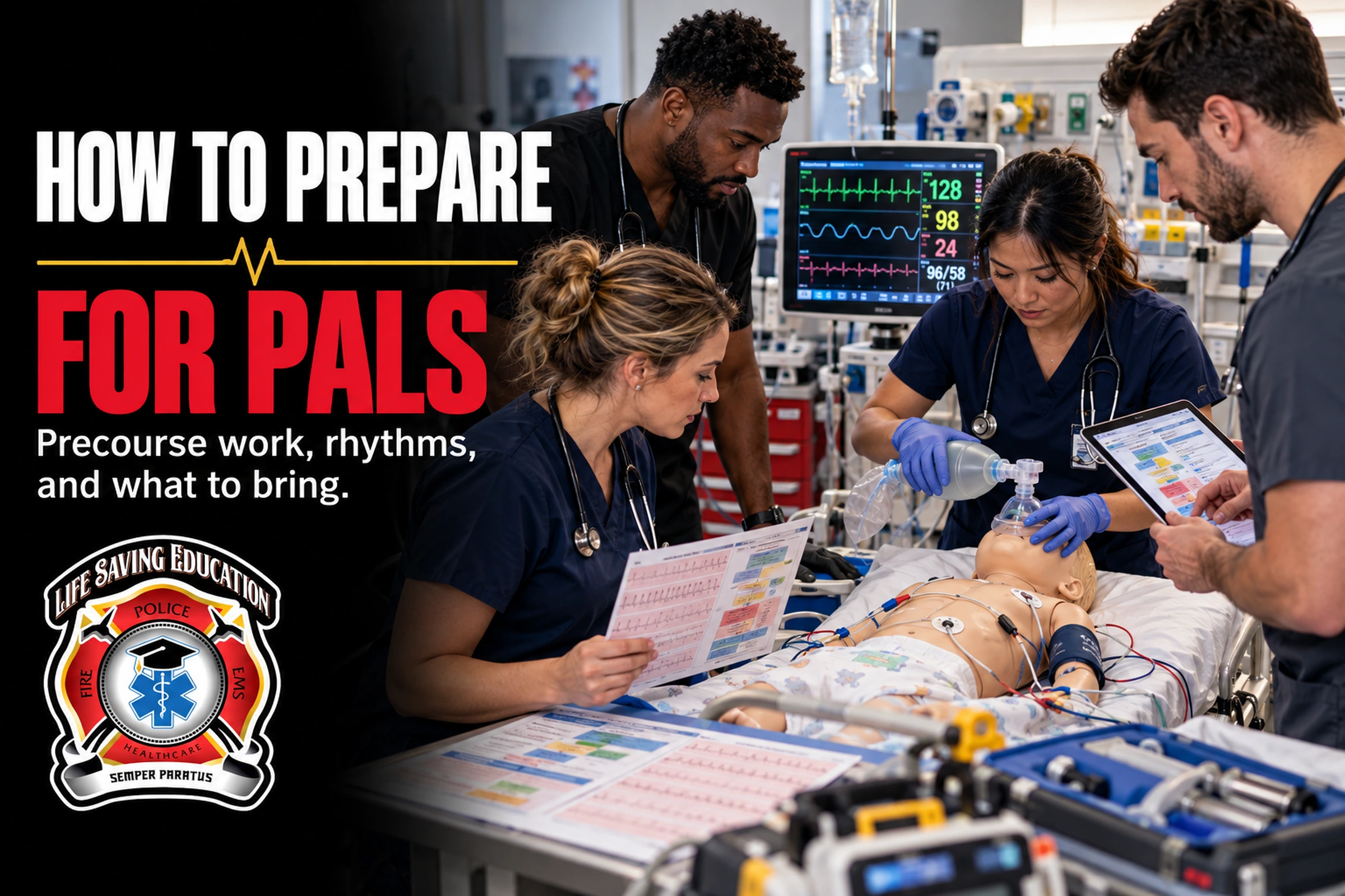 Healthcare professionals prepare for PALS with pediatric resuscitation simulation, rhythm review, airway equipment, and course reference materials.