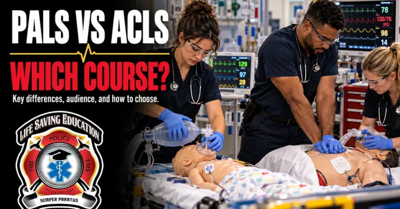 Healthcare professionals practice pediatric and adult resuscitation skills on training manikins during PALS and ACLS simulation.