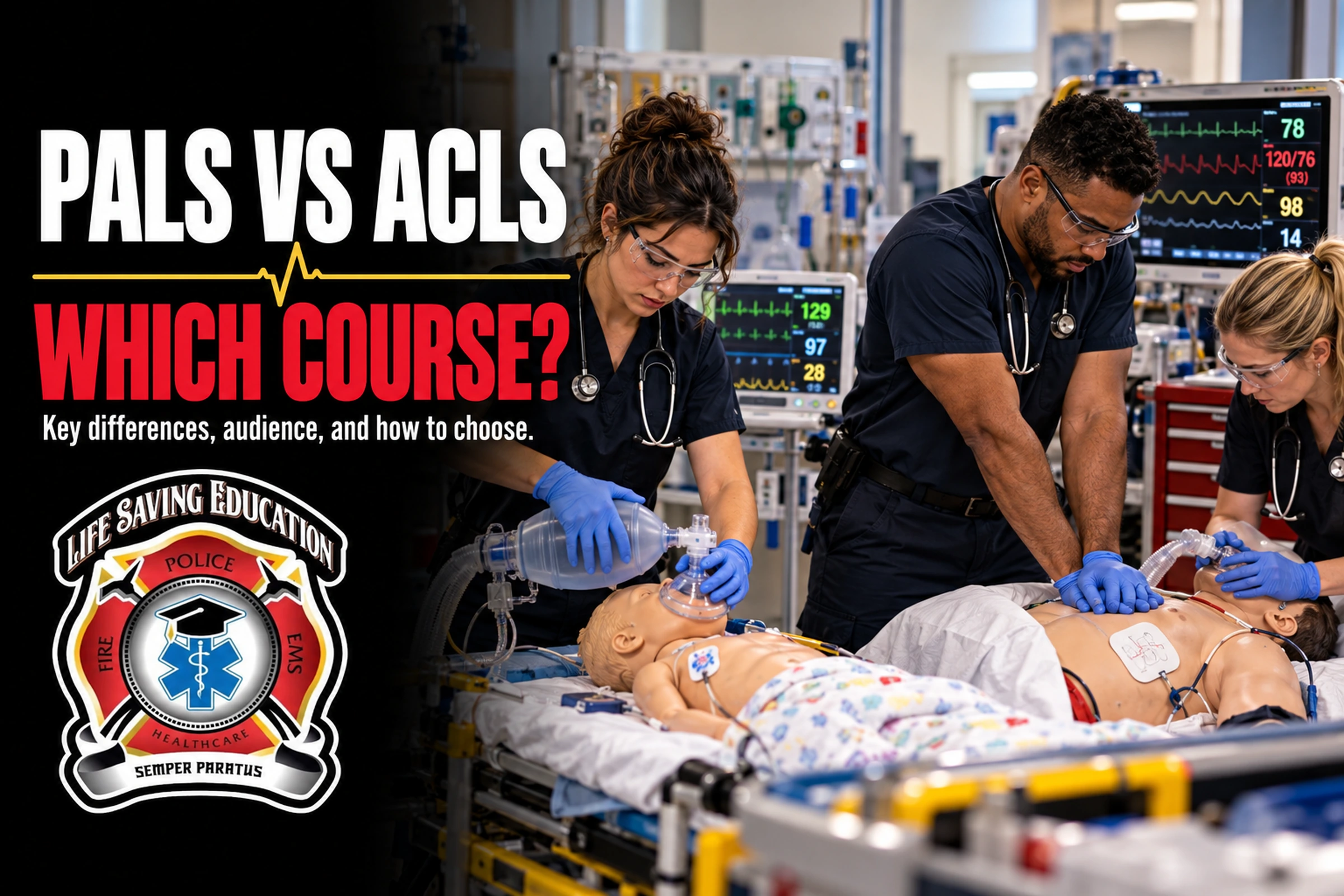 Healthcare professionals practice pediatric and adult resuscitation skills on training manikins during PALS and ACLS simulation.