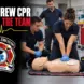 AI-generated illustration of an EMS team practicing coordinated CPR roles on a manikin.