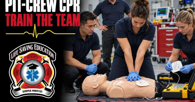AI-generated illustration of an EMS team practicing coordinated CPR roles on a manikin.