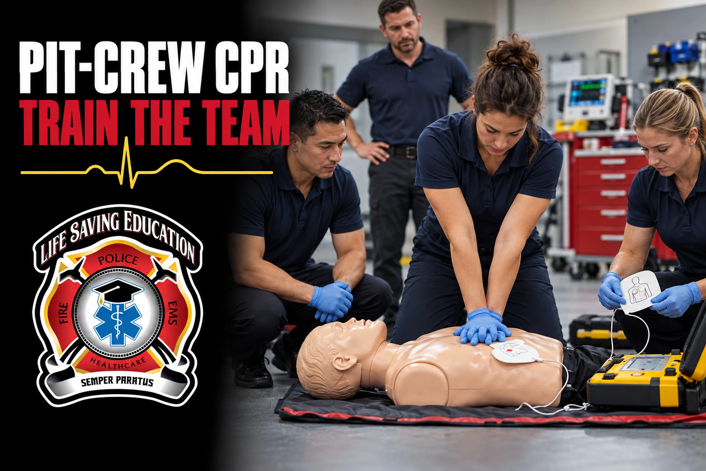AI-generated illustration of an EMS team practicing coordinated CPR roles on a manikin.