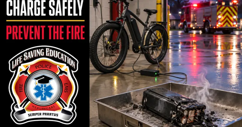 E-bike charging area with a damaged lithium-ion battery isolated in a metal tray and a fire engine in the background