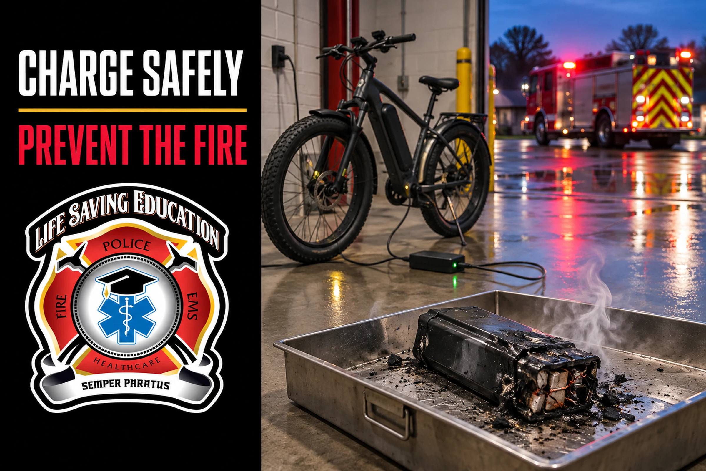 E-bike charging area with a damaged lithium-ion battery isolated in a metal tray and a fire engine in the background