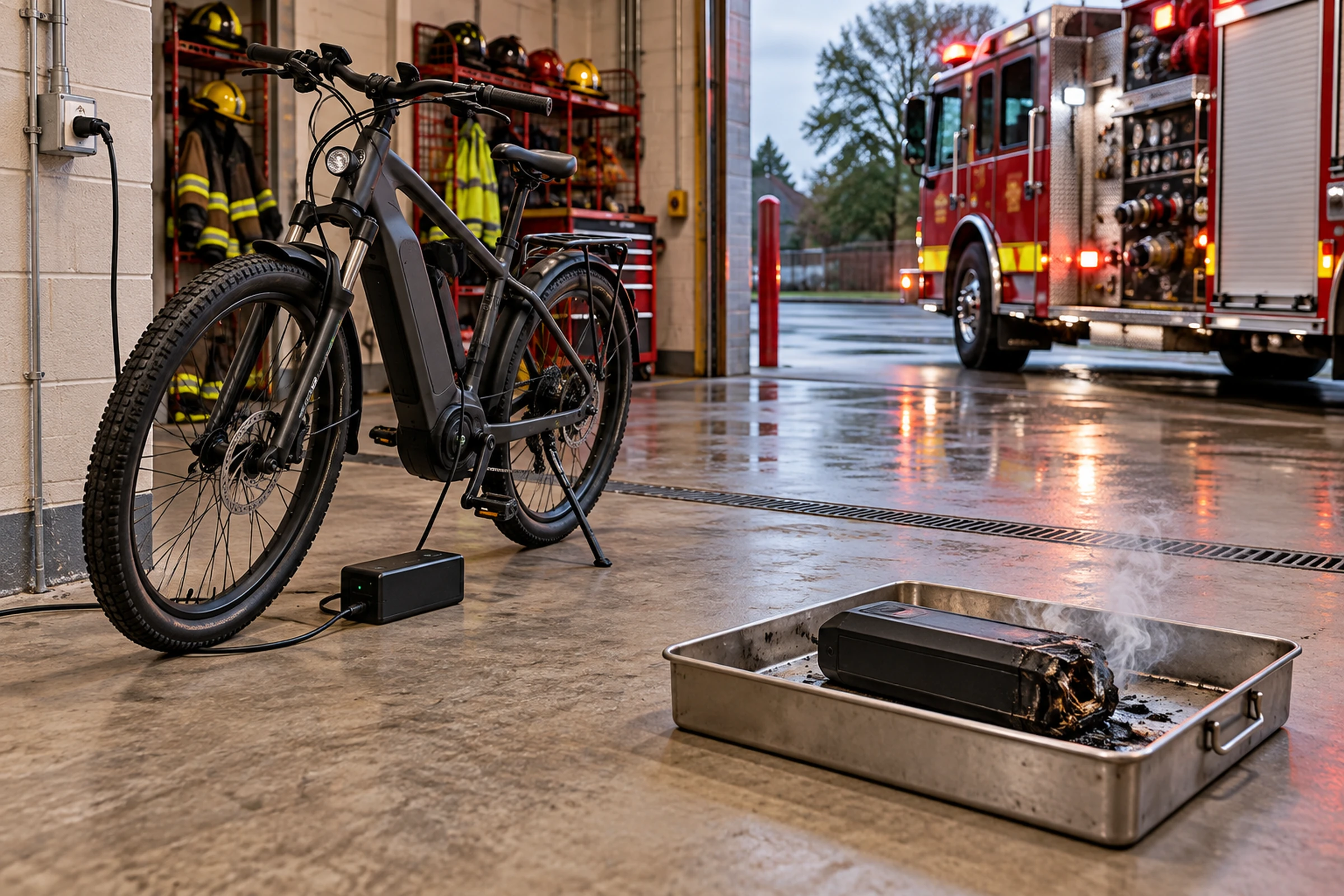 E-bike charging in a firehouse bay with a damaged lithium-ion battery isolated in a metal tray