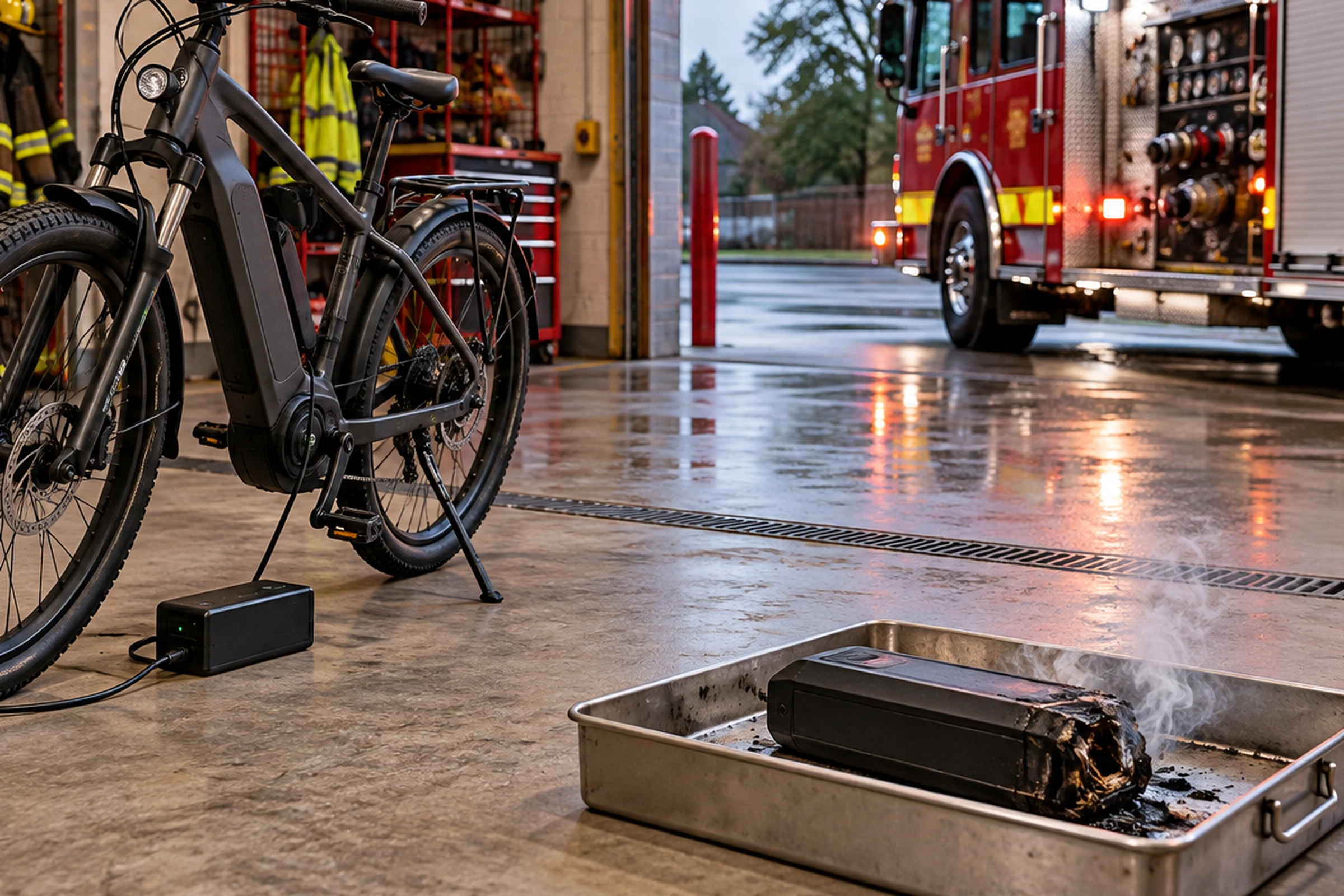 E-bike charging area with a damaged lithium-ion battery isolated in a metal tray inside a firehouse bay