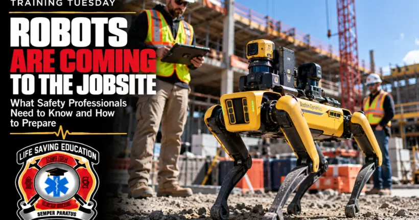 Construction safety professionals monitoring a four-legged robotic system on an active jobsite