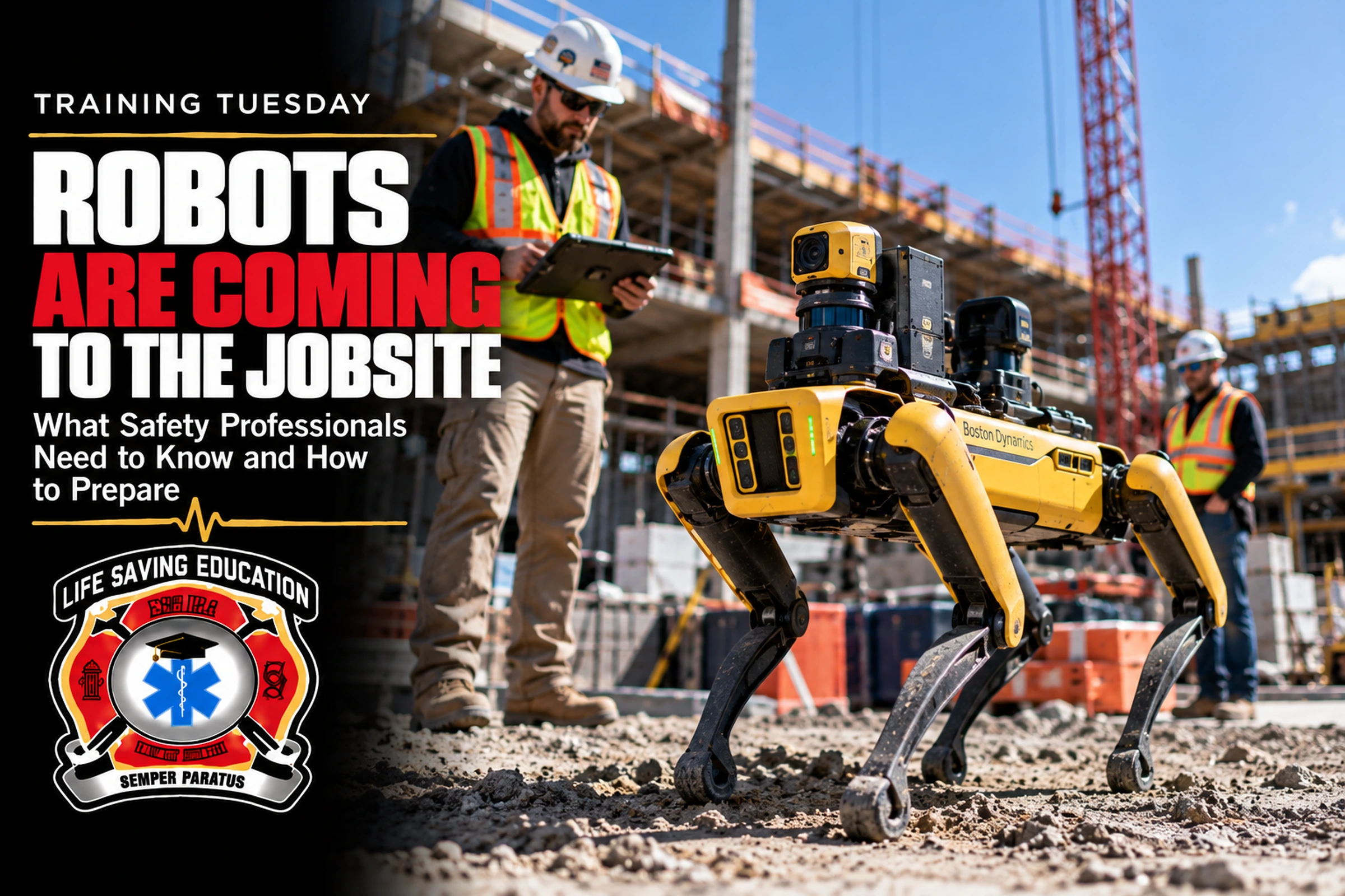 Construction safety professionals monitoring a four-legged robotic system on an active jobsite