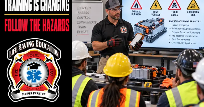 Safety instructor teaching workers about lithium-ion battery hazards and emerging workplace training priorities