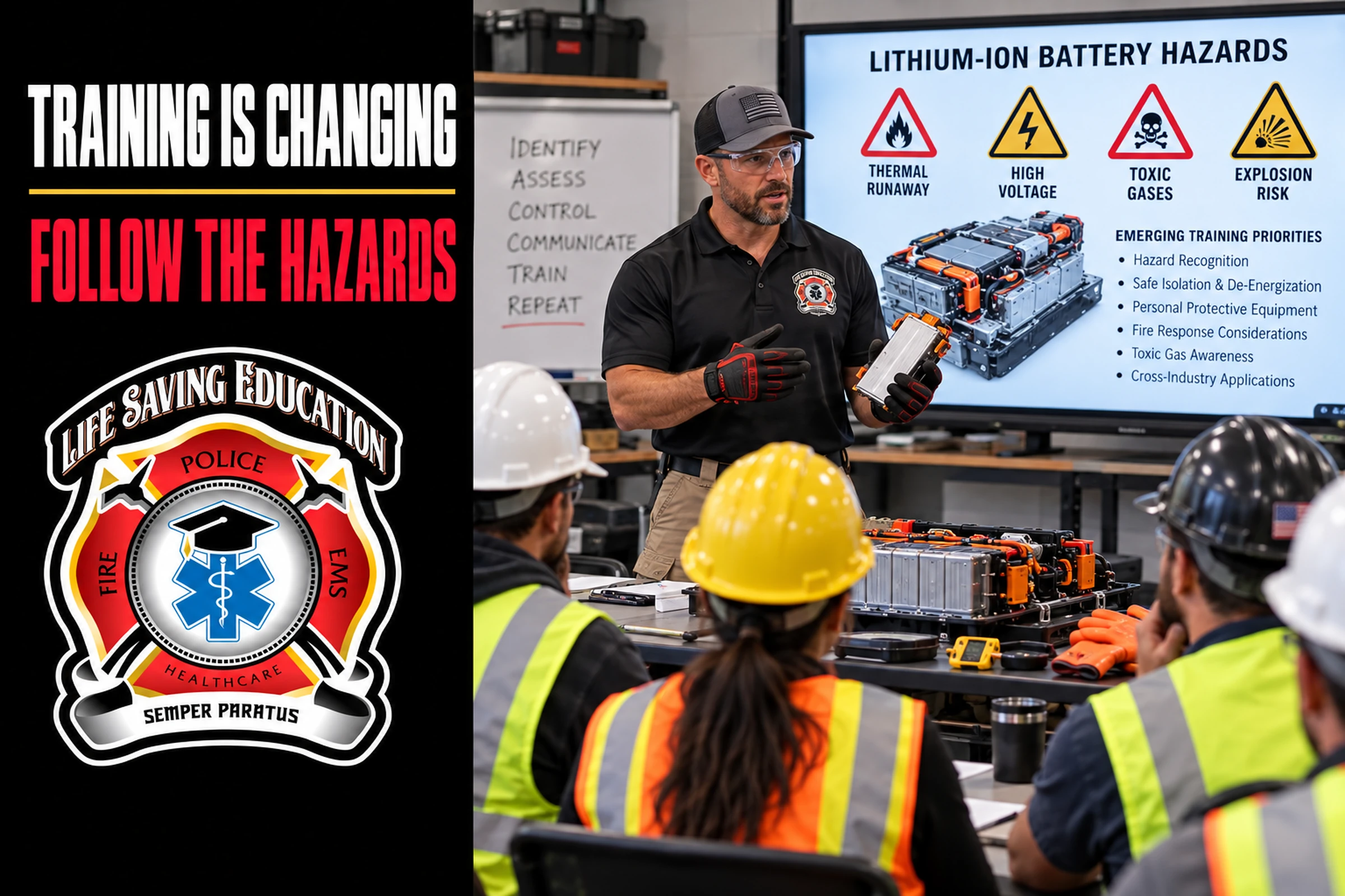 Safety instructor teaching workers about lithium-ion battery hazards and emerging workplace training priorities