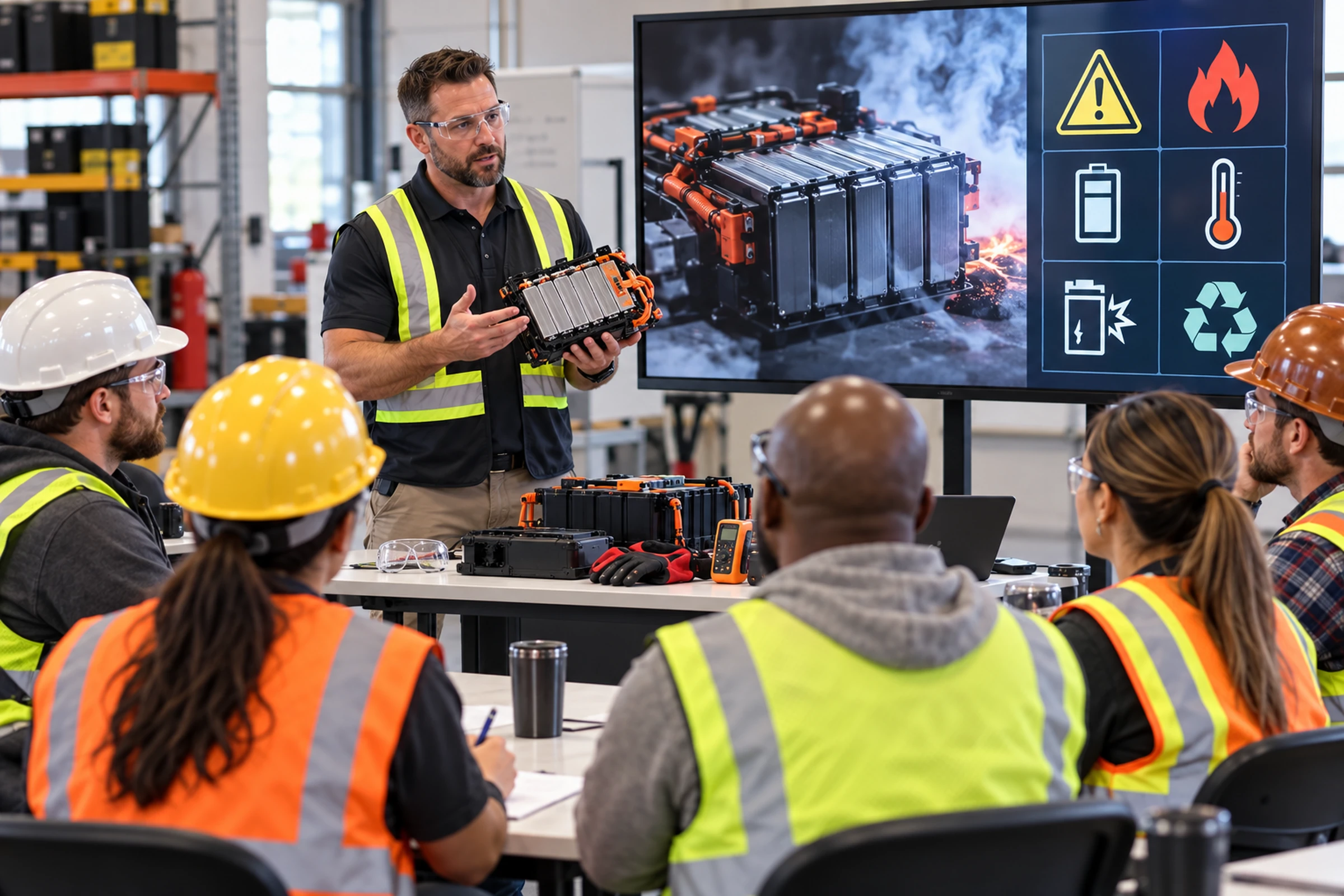 Instructor leading a workplace safety training workshop with workers wearing high-visibility PPE
