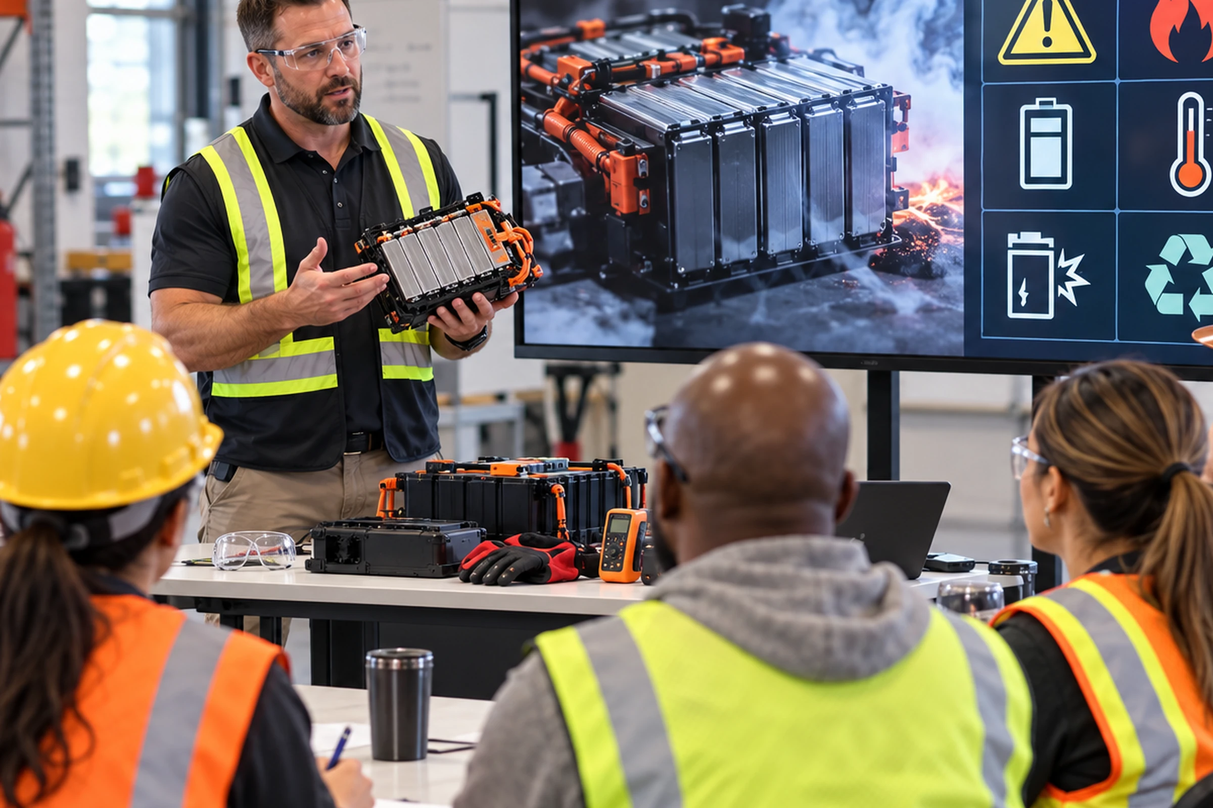 Safety instructor demonstrating lithium-ion battery hazards to workers during employer training