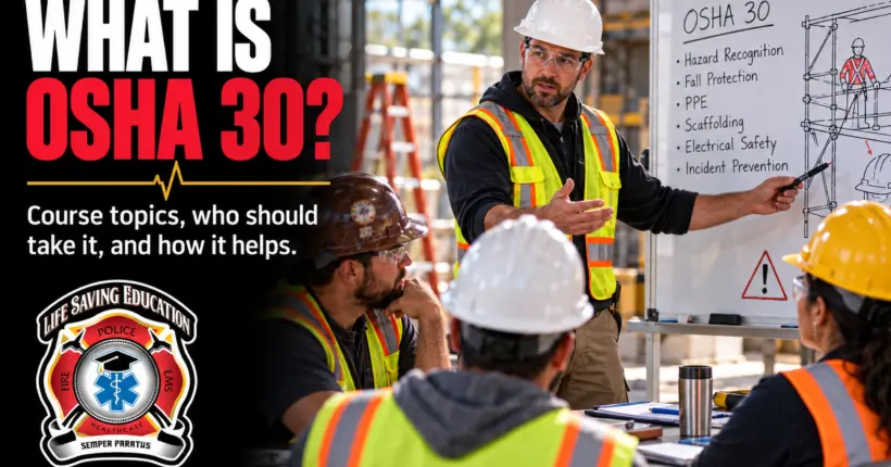 Safety instructor leads OSHA 30 training for construction workers wearing hard hats, safety glasses, and high-visibility PPE.