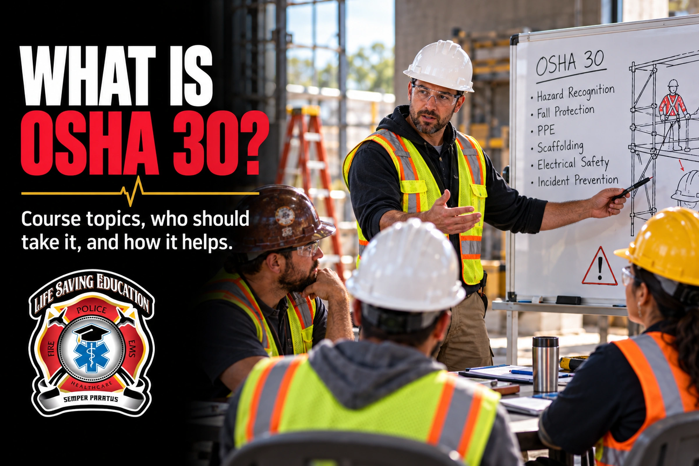 Safety instructor leads OSHA 30 training for construction workers wearing hard hats, safety glasses, and high-visibility PPE.