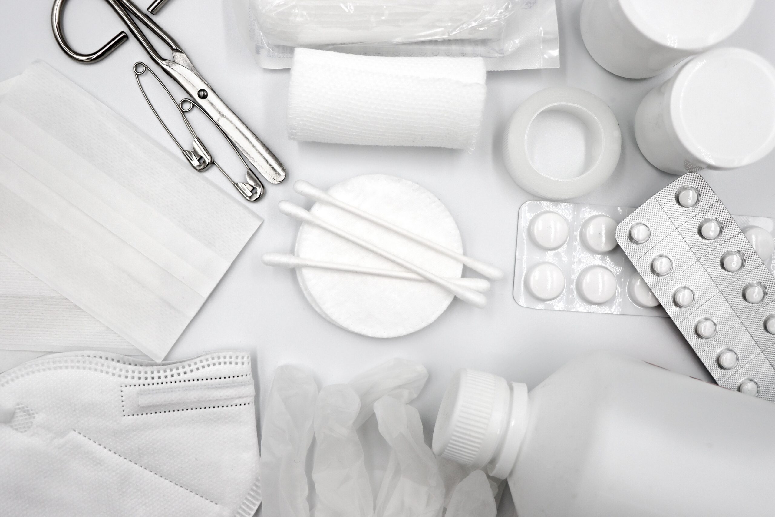 First aid supplies arranged for emergency preparedness and workplace response