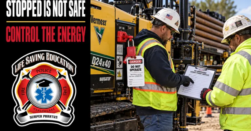 Construction workers verifying lockout and hazardous energy controls on horizontal directional drilling equipment