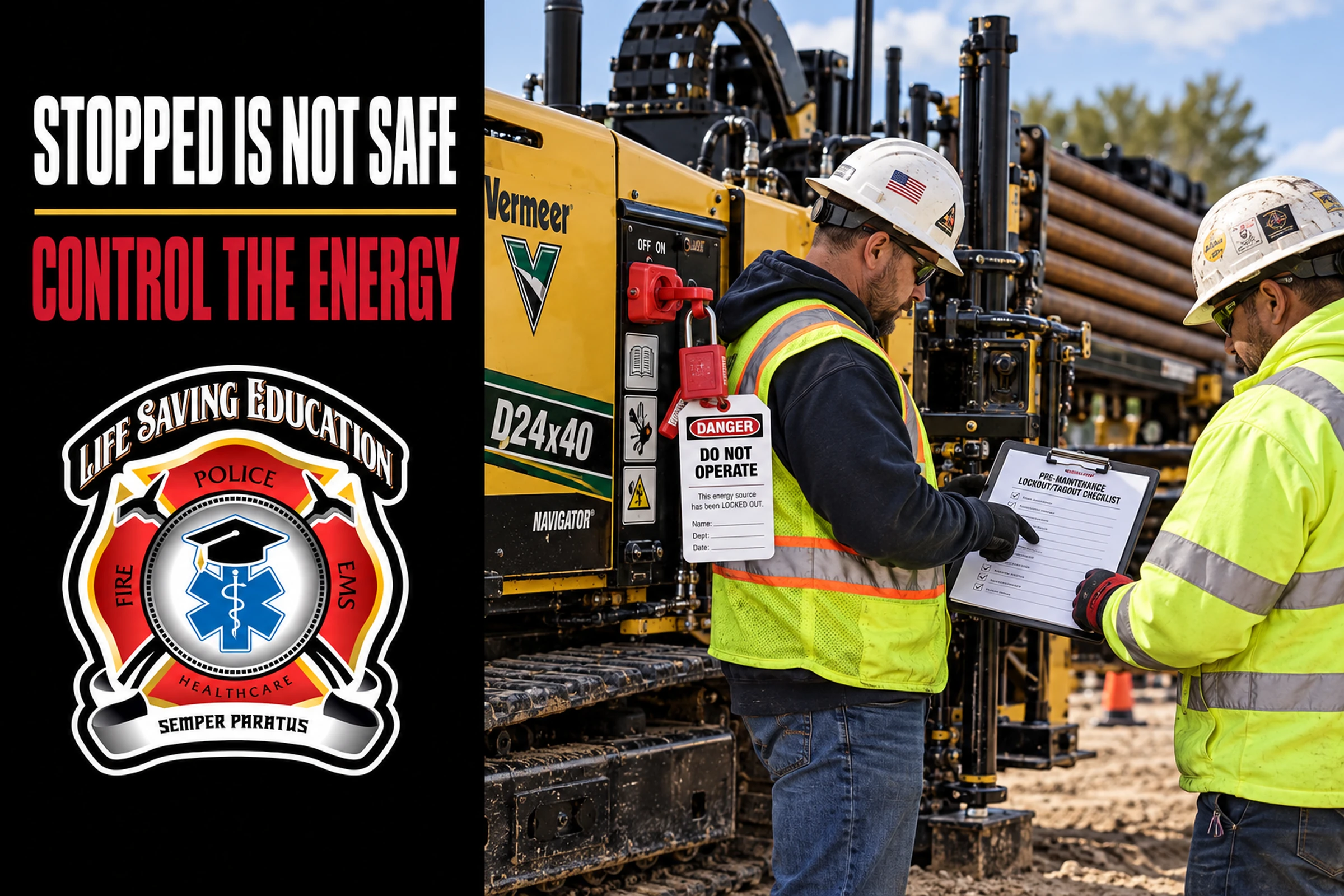 Construction workers verifying lockout and hazardous energy controls on horizontal directional drilling equipment