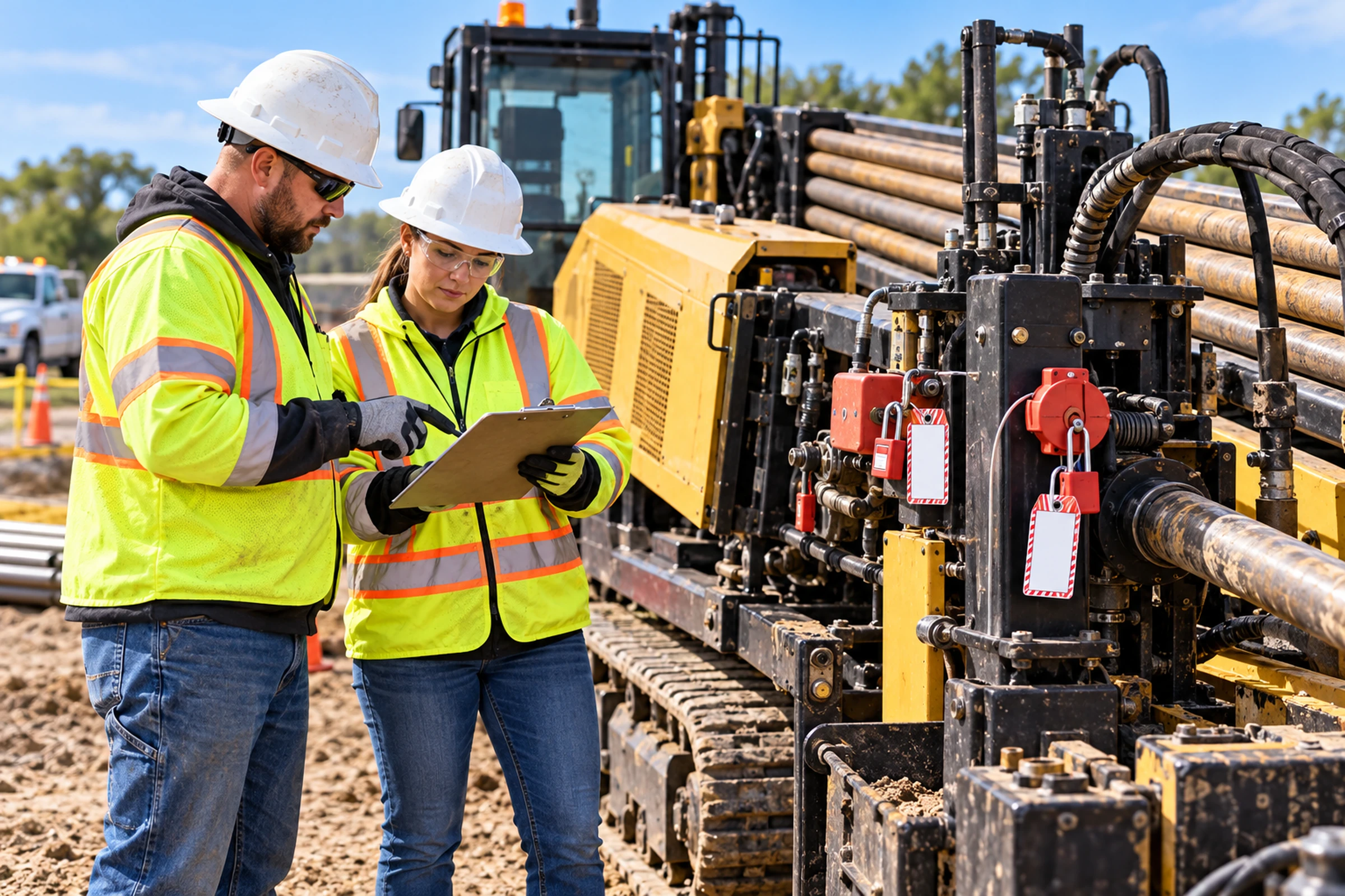 Workers reviewing a hazardous energy checklist beside locked out horizontal directional drilling equipment