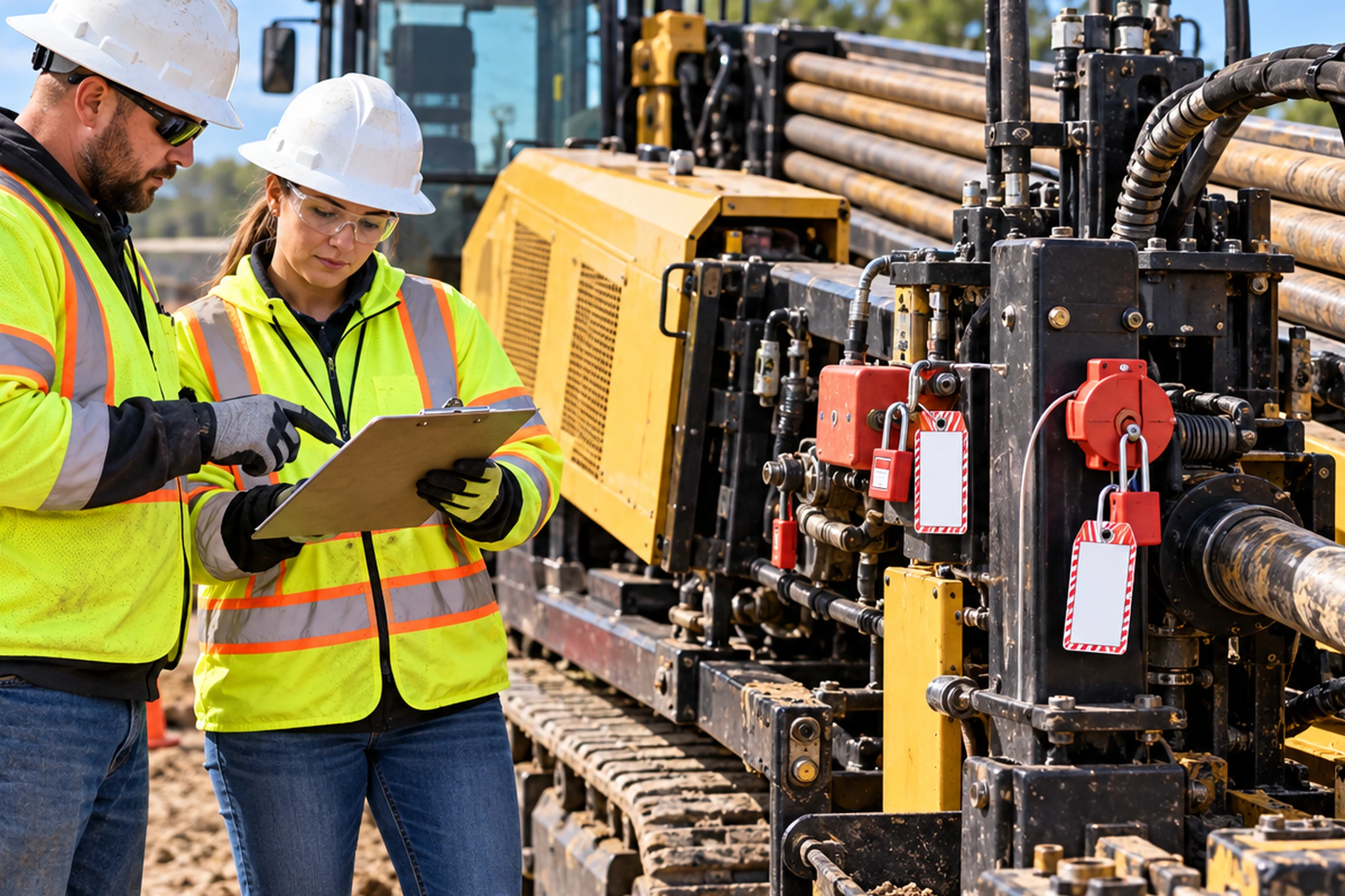 Construction workers verifying lockout points and a pre-maintenance checklist on horizontal directional drilling equipment