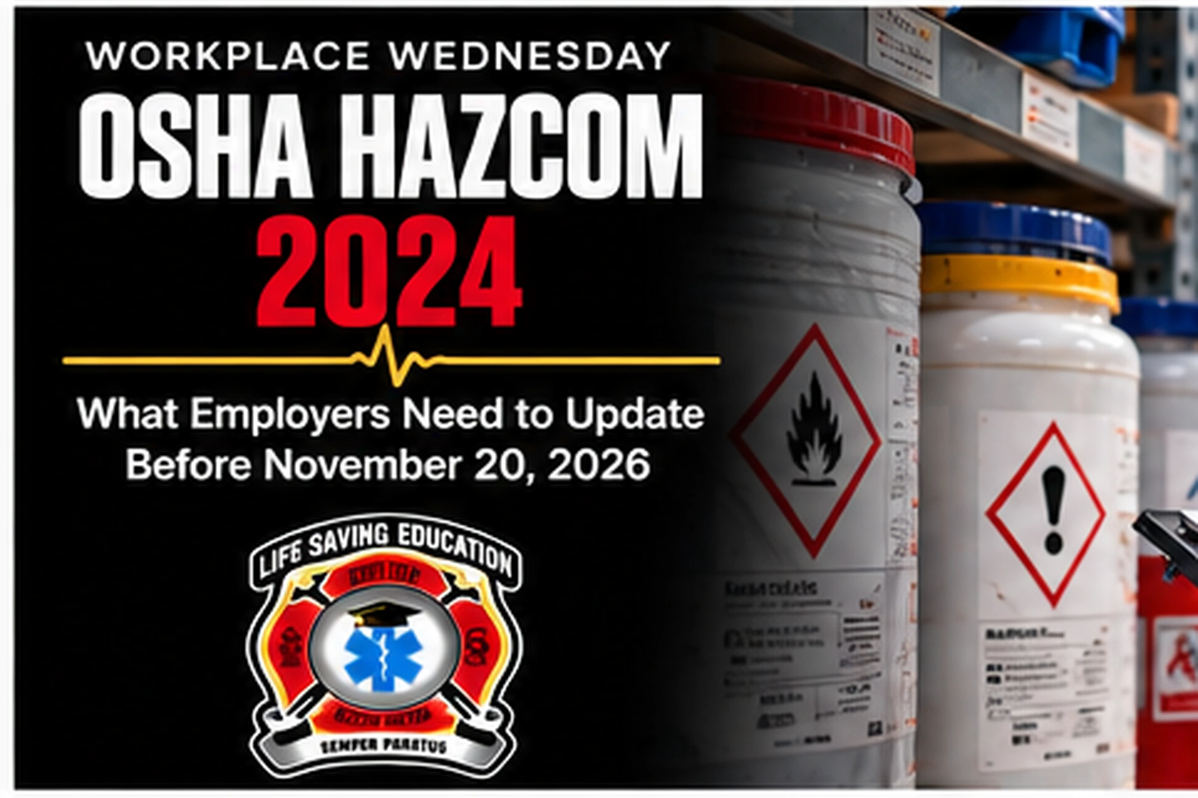 Construction safety professional reviewing hazard communication information beside labeled chemical containers