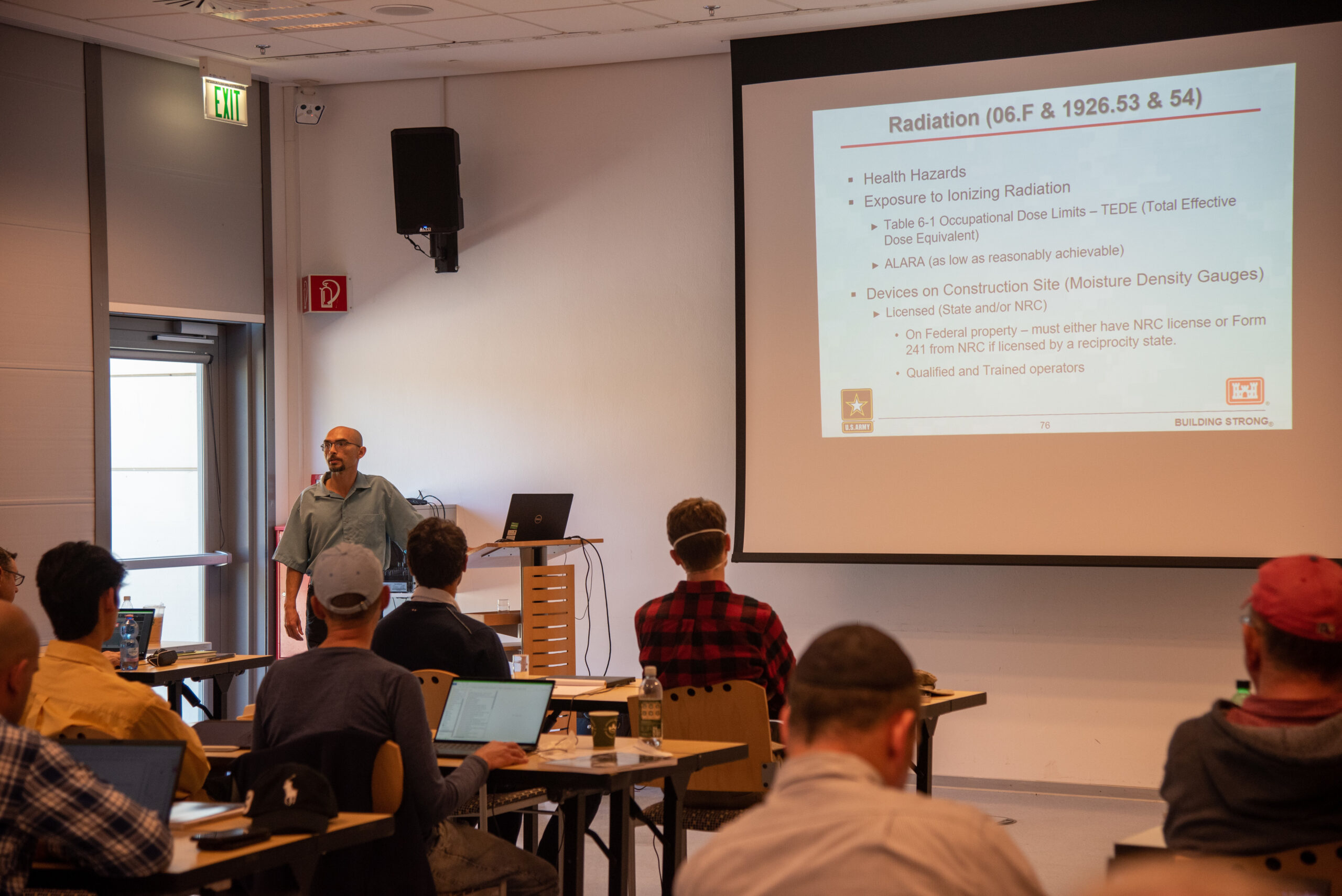 Instructor providing OSHA 30-Hour Construction training to U.S. Army Corps of Engineers employees in a classroom.