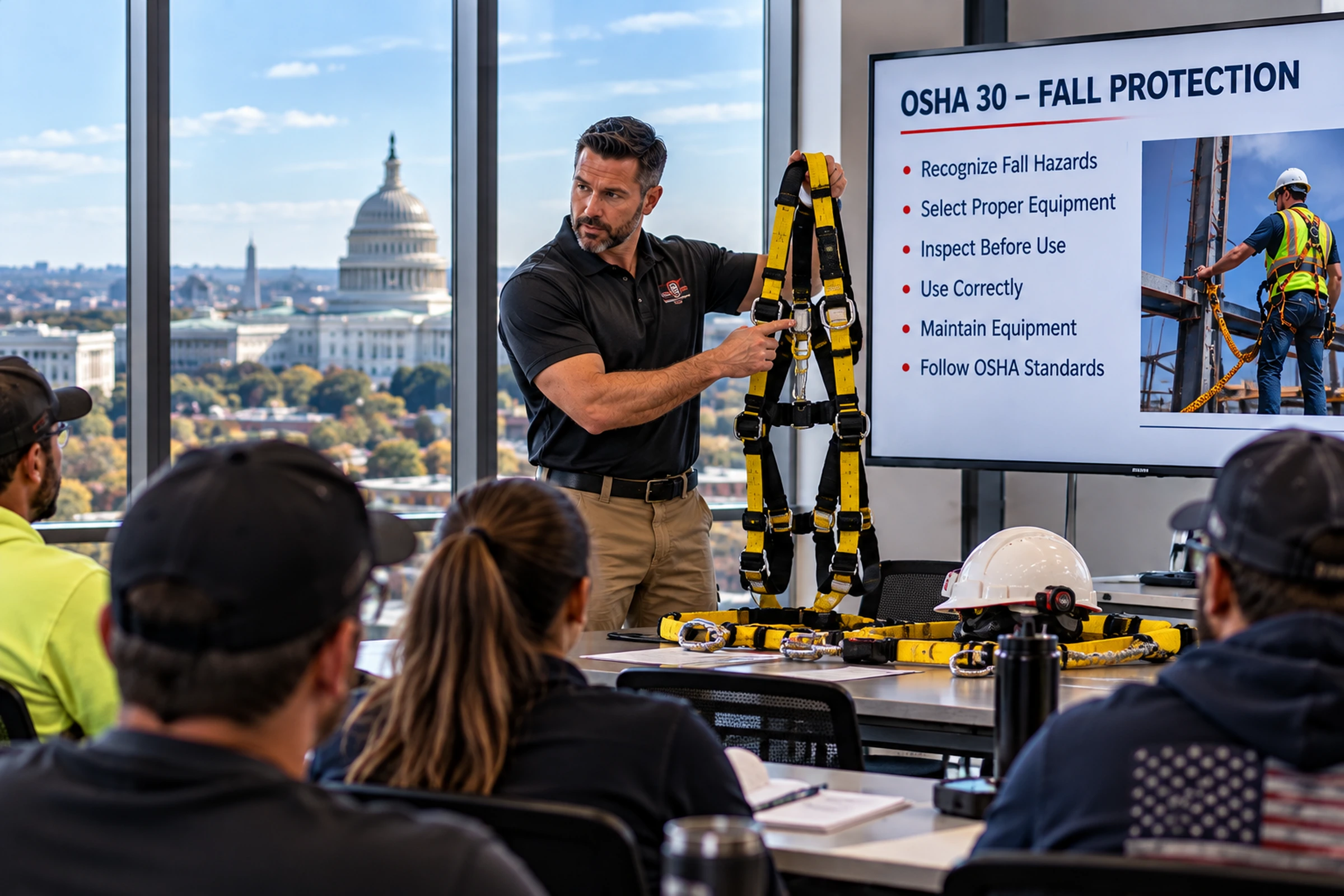 Instructor demonstrating a full-body fall protection harness during OSHA 30 classroom training with the U.S. Capitol visible through the windows.