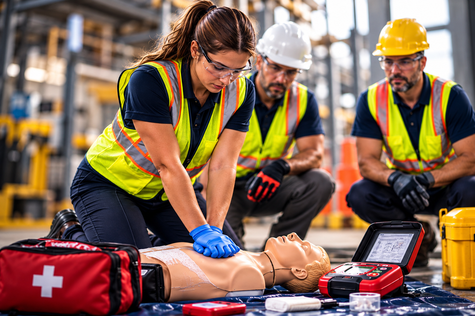 Workers practicing CPR on an adult training manikin during workplace first aid training in an industrial facility.