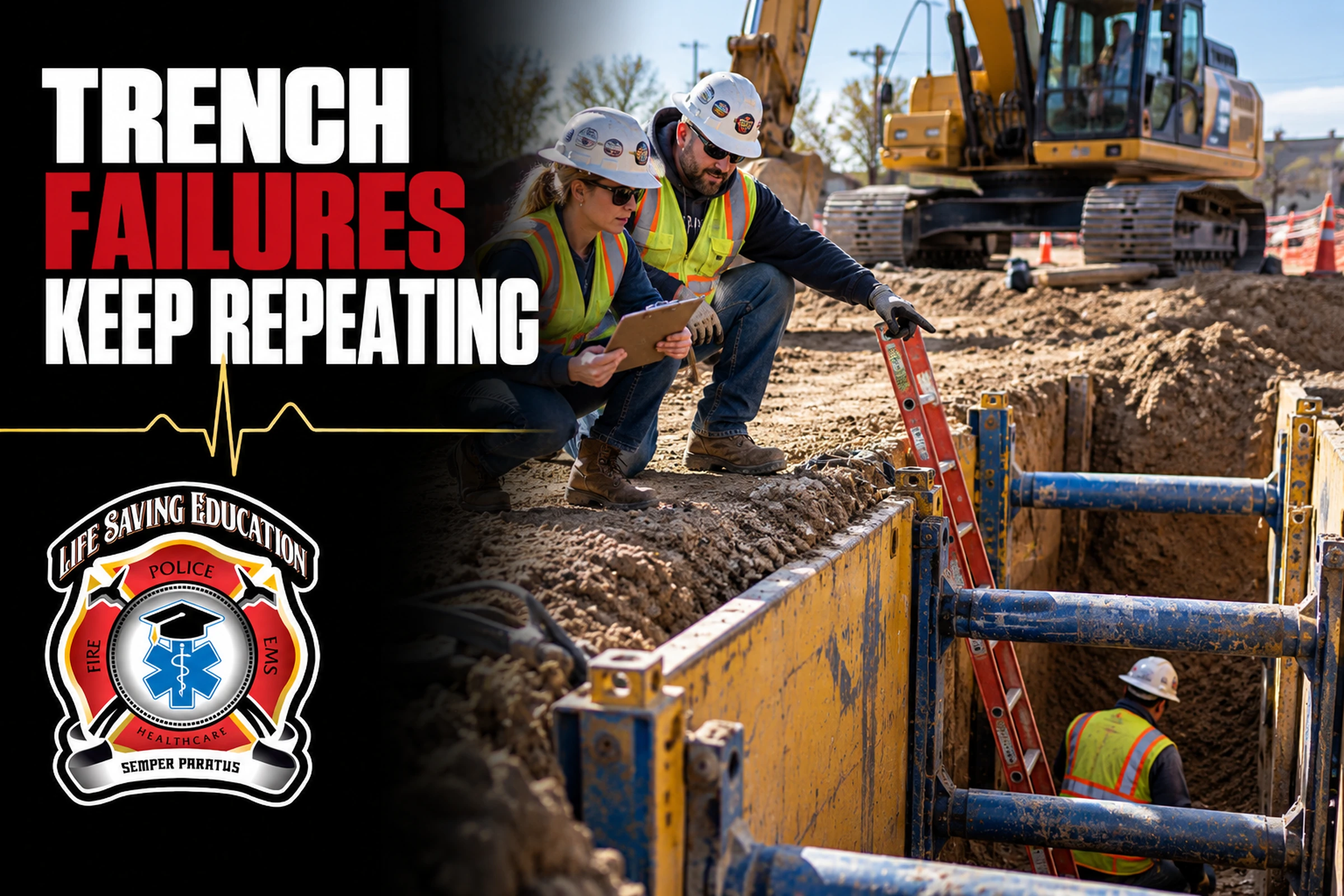 Construction workers and a competent person inspect a protected utility trench before entry.